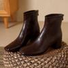 Woman Brown Leather Boots 2024 Winter Square Toe Back Zip Heightening Short Boots Women's Autumn Thick Heel Medium Heel Boots