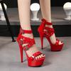 Fashion Black Hollow Out Heel Nightclub Stage Sandals Rivet Belt Zip Summer Roman Women Shoes 15CM Model Sexy Wedding High Heels