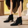 Thick-heeled Short Boots Women's New Short Women's Boots Retro V-mouth High-top Shoes Rhinestone Square Buckle Pointed Deep-mouth Single Shoes