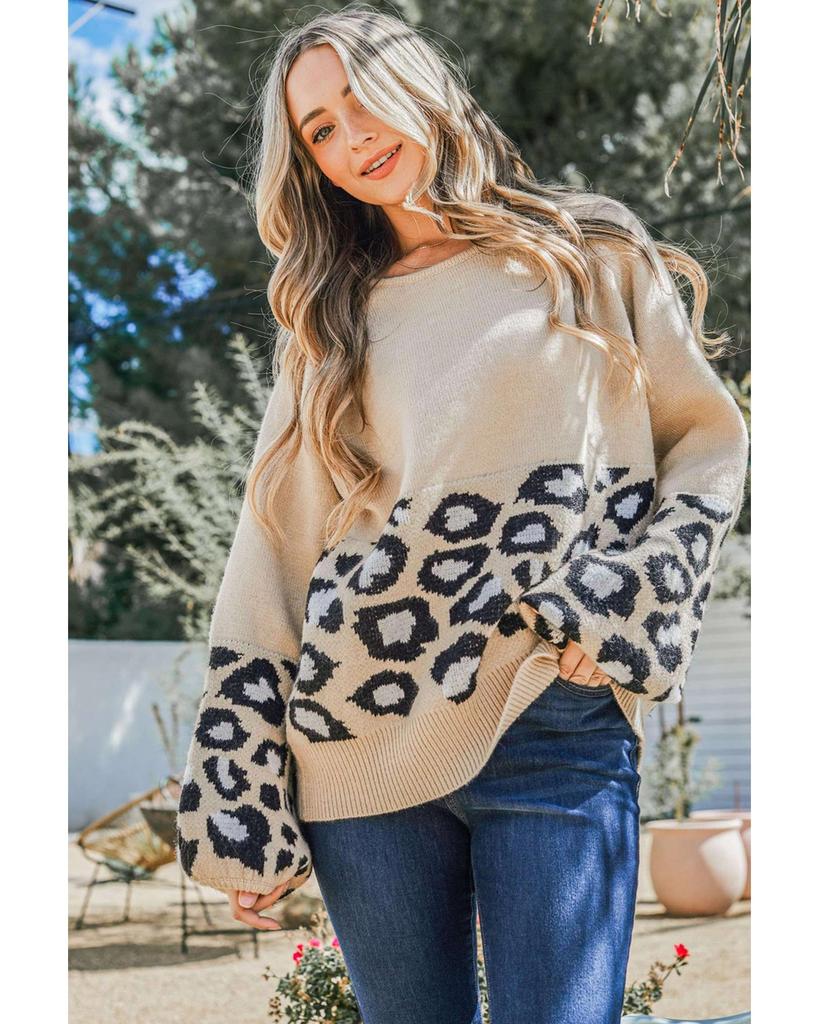 Azura Exchange Leopard Patchwork Knitted Puff Sleeve Sweater