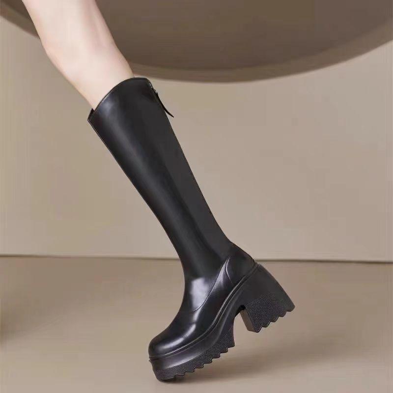 Tall Knight Boots 2025 Autumn and Winter New Super High Heel Solid Color Small Man But Knee Height Increase Thick Heel Boots