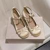 Satin Mary Jane Shoes French Gentle Soft Sole Small Single Shoes Women's Spring 2025 Bow Lo High Heels Shallow Mouth