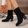 Large-sized Mid-calf Thick-heeled Boots for Women, Round-toed High-heeled Boots for Women, Single Shoes