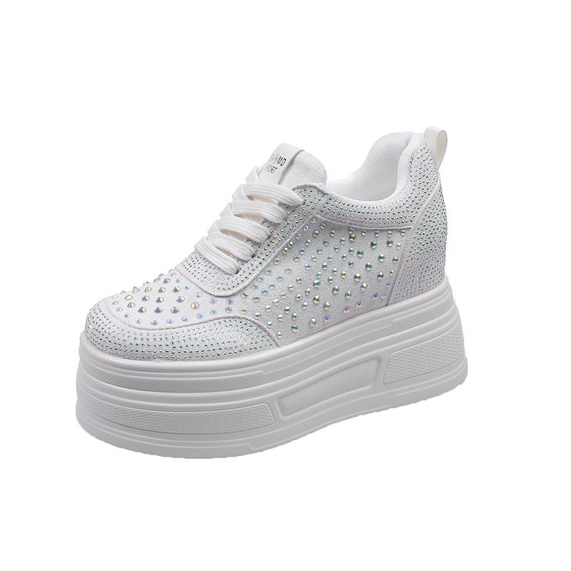 Fashion 10cm Crystal Synthetic Microfiber Chunky Sneakers Women Shoes Platform Wedge Hidden Heels Sandals Leather Pumps Flats