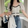 Short Sleeved T-shirt for Women's Summer Design Contrasting Color Bubble Sleeves T-shirt Square Neck Short Knit Top