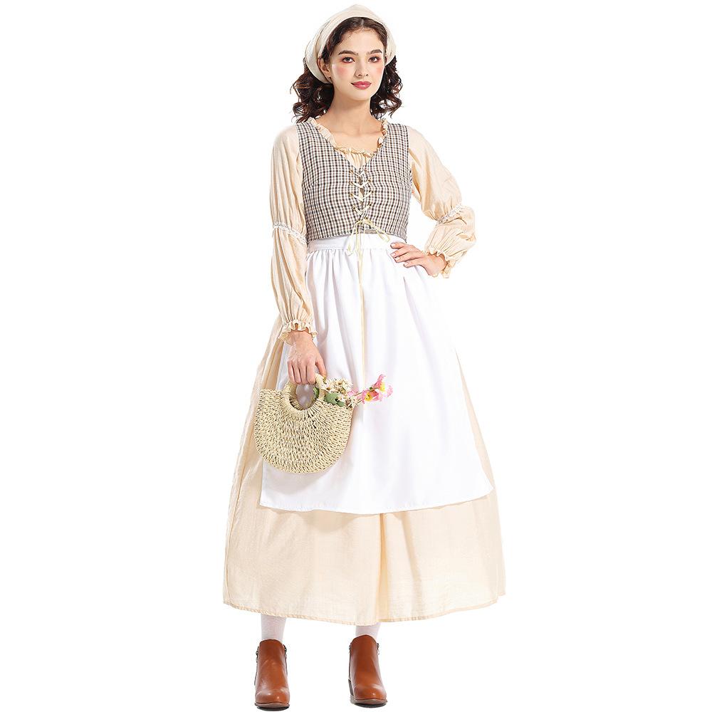 Adult Women Grassland Colony Dress Renaissance Victorian Medieval Dress Gown Apron Halloween Cosplay Costumes Role Play Outfit