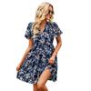 Floral Dress Women Spring Autumn V Neck Short Sleeve Loose Chic Printed