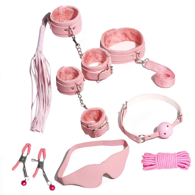 8pcs SM Sex Toy Set, Couple Sex Toys, Collars and Leashes, Handcuffs, Ankle Cuffs, Whips, Mouth Balls, Eye Masks, 10 Meter Rope, Nipple Clip Props