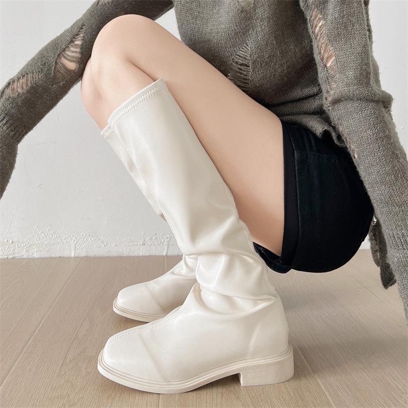 Fashion Luxury Woman Knee High Boots Solid Color Round Toe Square Heel Back Zippers Sewing Slip-On Fashion Vintage Elegant Botas Mujer88