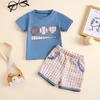 Baby Toddler Boy Shorts Set Baseball Embroidery Short Sleeve T-Shirt Plaid Shorts 2 Piece Summer Outfit