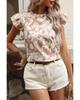 Khaki Floral Print Ruffle Short Sleeve Blouse
