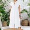 Summer Midi Dress Stand-up Collar Button-down Short Sleeve Loose Calf Length Dress Solid