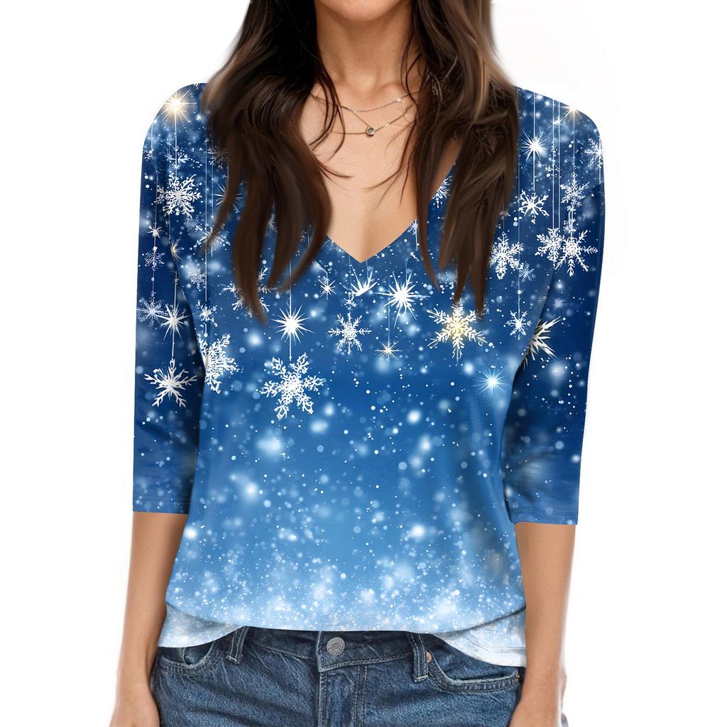 Women's T Shirt CHristmas Print 3/4 Sleeve Daily Weekend Fashion Basic V- Neck Regular Top