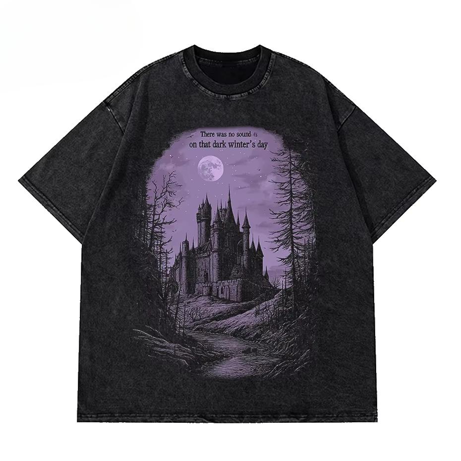 Horror Castle Washed T-Shirt Streetwear Vintage Cotton Short Sleeve Men's Women Tops Tees Weird Pattern Y2K Casual