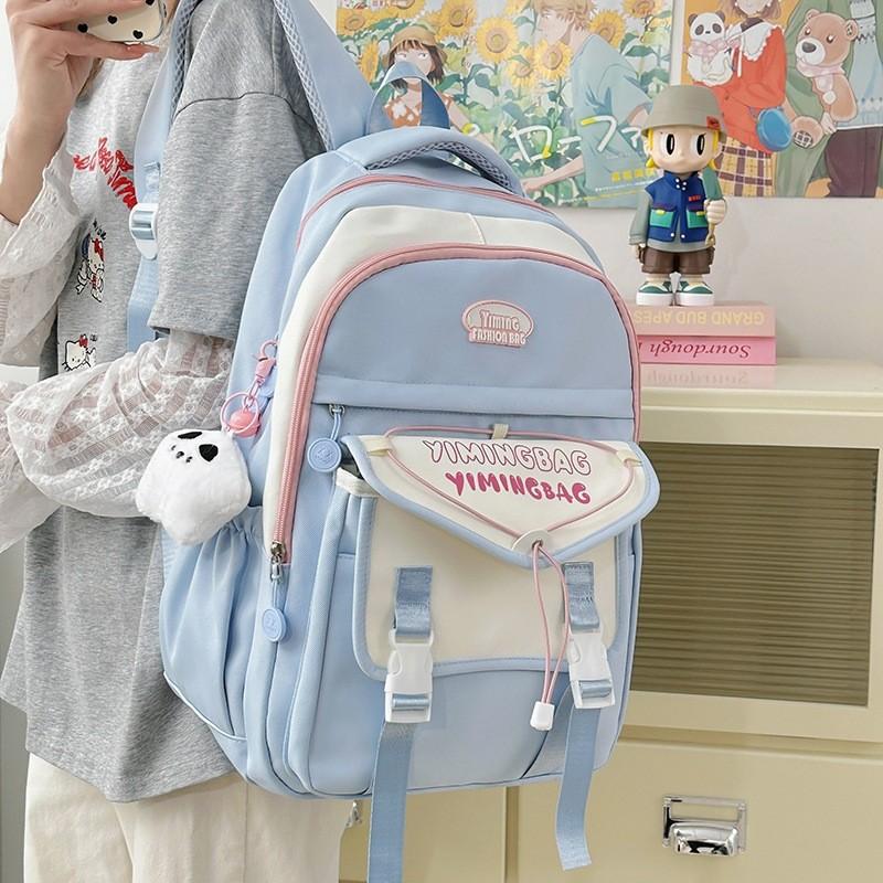 Color Cute Blocked Letter Printed Student Leisure Backpack With Pendant Plush