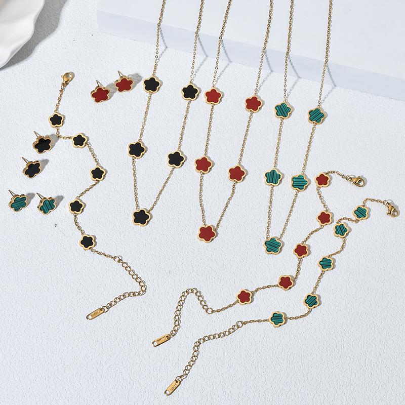 INS-Inspired Stainless Steel Four-Leaf Clover Jewelry Set: Bracelet, Stud Earrings, and Necklace for Women