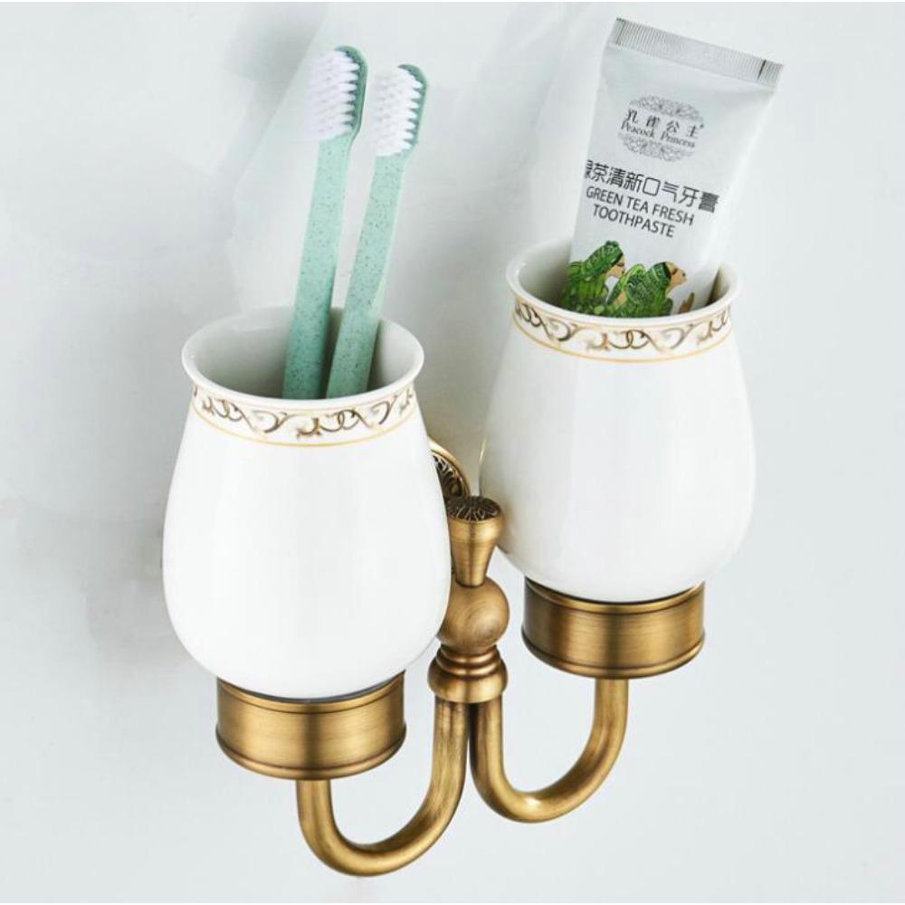 Wall Mount Antique Double Cup Holder Brass+Glass Bathroom Accessories Cup Tumbler Holders,Toothbrush Cup Holders F8308