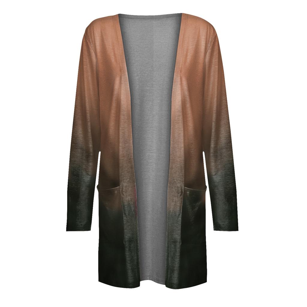Women's Fashion Loose Casual Pocket Print Long Sleeve Cardigan Jacket Tops