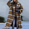 Women's Color-blocking Plaid Long-sleeved Lapel Coat Printed Woolen Coat Long Trench Coat