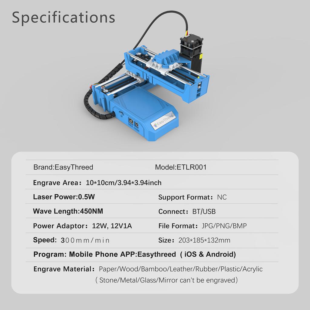 Easythreed ETLR001 Mini Laser Engraver 0.5W Blue Laser Power APP Wireless Control BT & USB