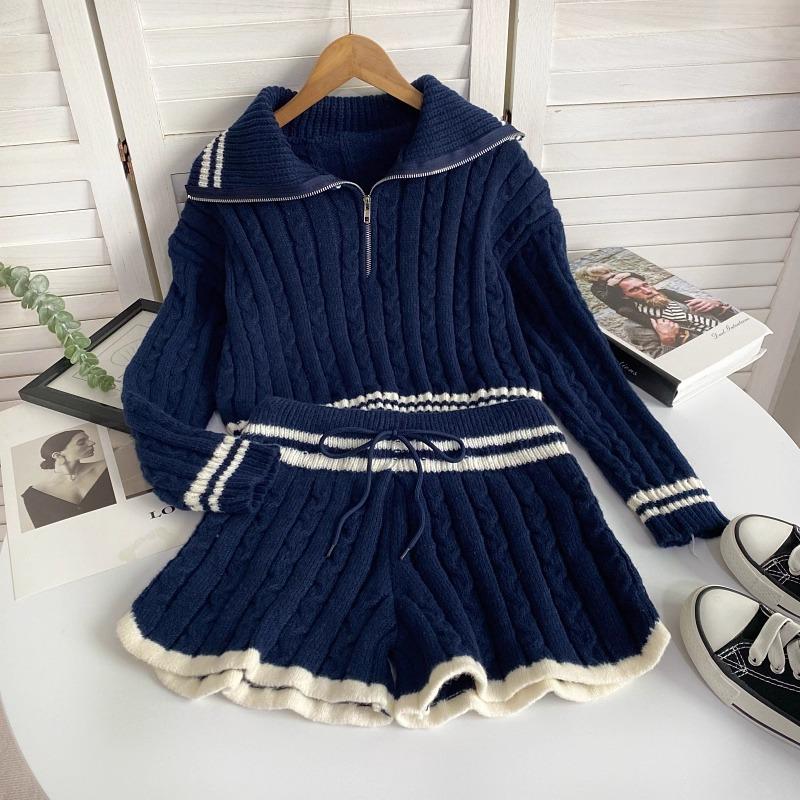 Autumn Winter Women Casual Twist Knitted Sweater Pant Two Piece Set Full Sleeve Zipper Pullover Tops and Elastic Waist Shorts Tracksuit