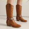 Plus Size 35-48 Retro Punk Embroidered Sewing Western Boots Women Pointy Toe Belt Buckle Metal Chain Chunky Heels Mid-calf Boots