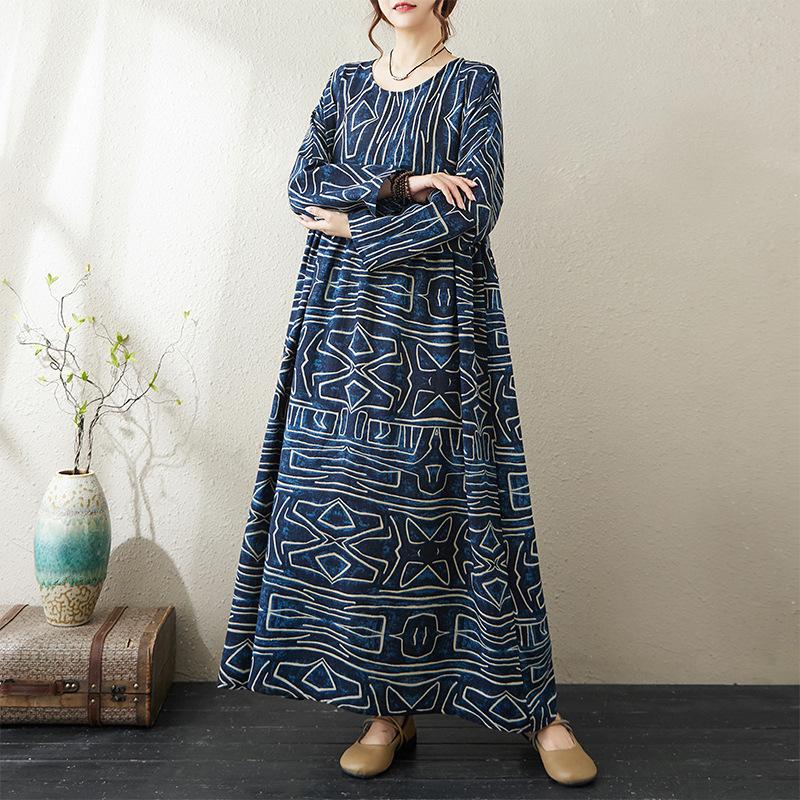 Round Neck Long Sleeve Bohemian Clothing Retro Autumn Cotton Linen Dresses Vintage Casual Floral Printed Long Dress for Women