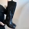 Cowhide Version~ High Tube Temperament Metal Buckle But Knee Knight Boots Women's Black Leather Thick Heel Side Zipper Boots