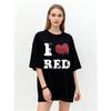 Oversized T Shirt Black I Love Red Heart Graphic Print Casual Streetwear Top for Women Summer Fashion Trendy Loose Fit Tee