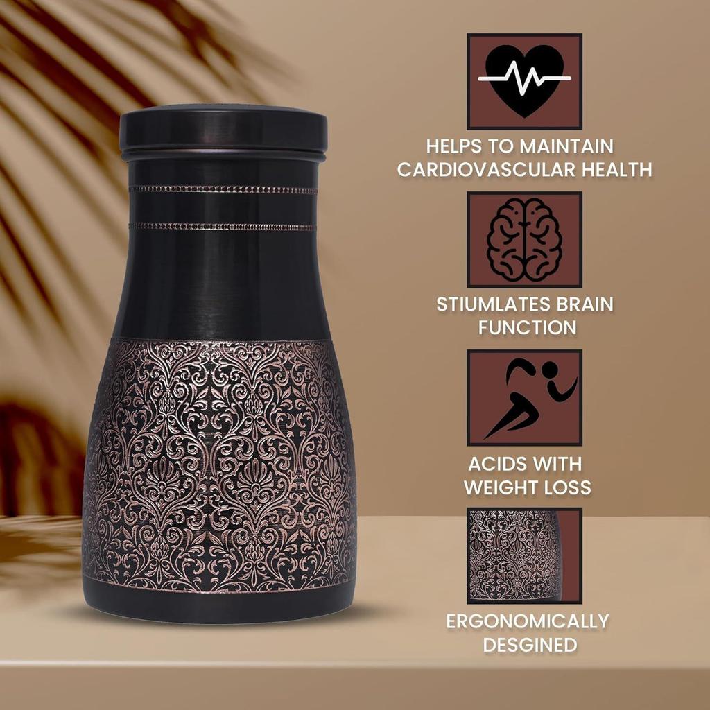 Copper Ayurvedic Water Bottle/Jar With In Build Glass Black Antique Glossy Finish Suitable For Home In Dining And Room. - 1000 Ml (Black Antique)