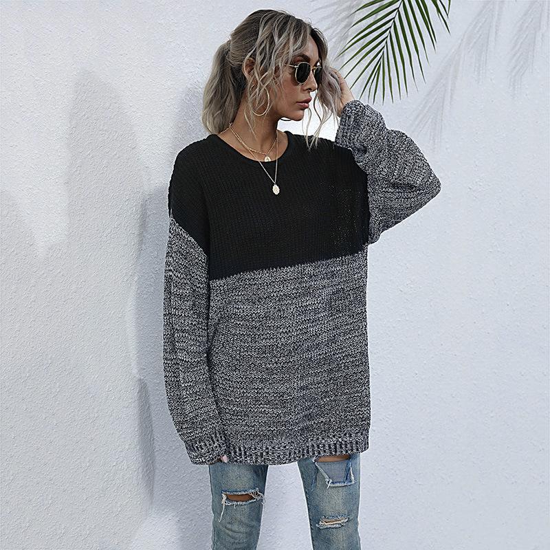 Autumn Women's Sweater Clashing Color Round Neck Inner Long Sleeve Knitted Sweater Medium Long Top