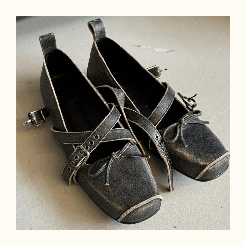 Cowhide Version~ Korean Version of Square Head Pig Nose Ballet Mary Jane Women's Shoes French Light Mouth Bow Single Shoes Women's Thick Heel