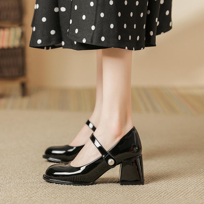 Mary Jane Thick Heel Single Shoes Round Head Light Mouth Velcro Medium Heel High Heels Casual Women's Shoes