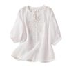 Summer Women Shirt V Neck Flower Embroidery Three Quarter Sleeves Loose Solid Color Retro Mother Mid-aged Female Daily Casual Blouse