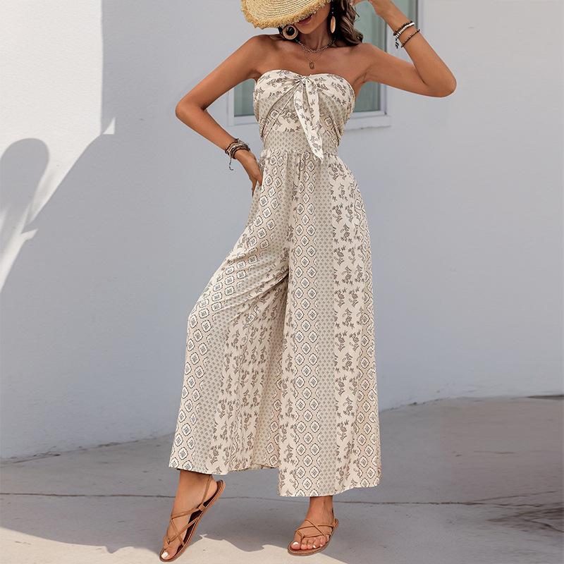 Summer Women's Jumpsuit High Waist Tie Wide Leg Pants Range Patchwork Ethnic Style Casual Pant