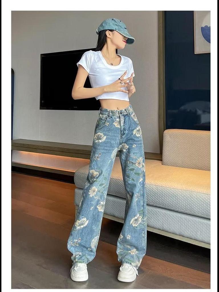 Women's Retro Floral Wide-Leg Printed Jeans - Summer 2024 Collection