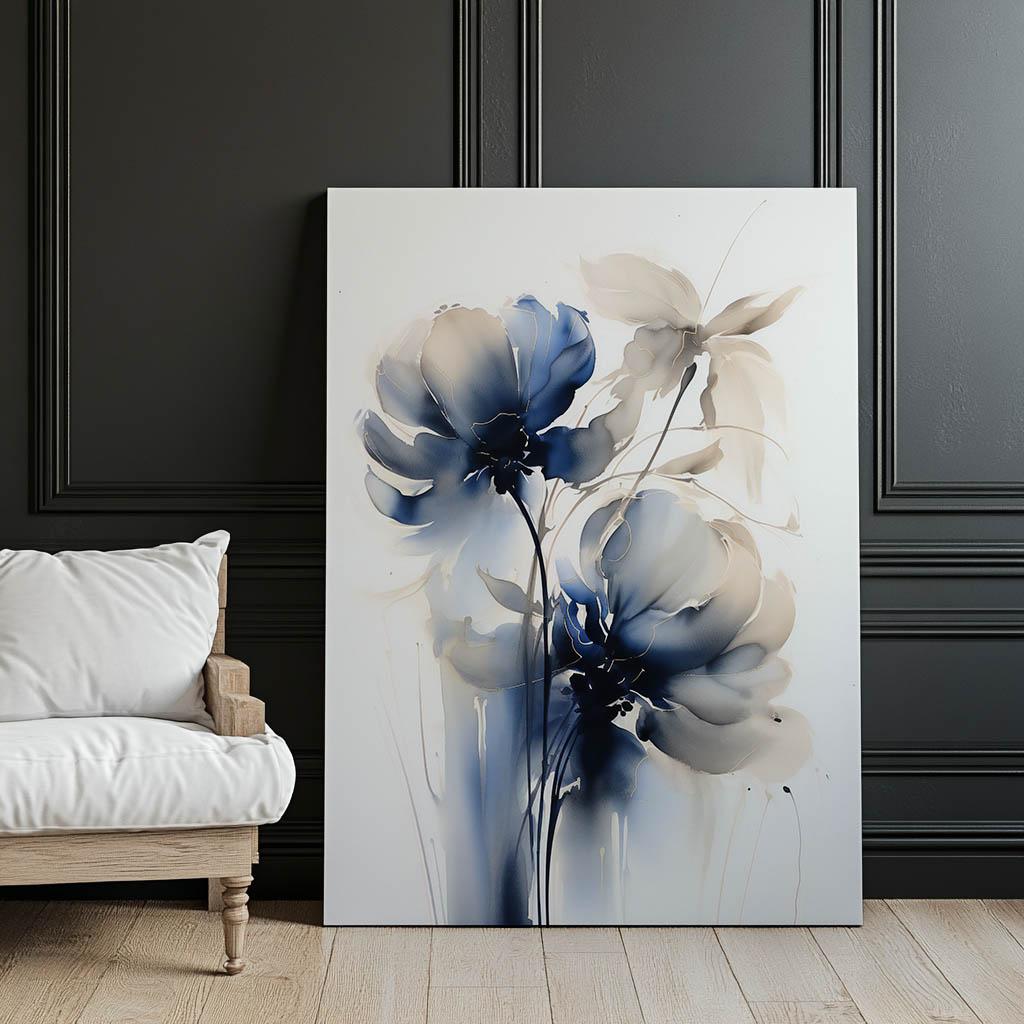 Blue Flowers In Watercolor Blue Flowers In Watercolor, 50X70 Cm, Dark Brown Wooden Frame, 230 Gsm Matte Paper