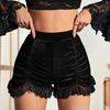 Women Shorts Lace Color High Elastic Dark Style Waist Slim Fit Patchwork Solid Pleated Irregular Hem