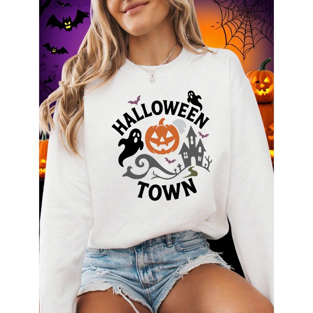 Halloween Town Pumpkin Lantern Prints Sweatshirts Women Loose Basics Hoodies Warm Crewneck Clothes Winter Casual Pullover