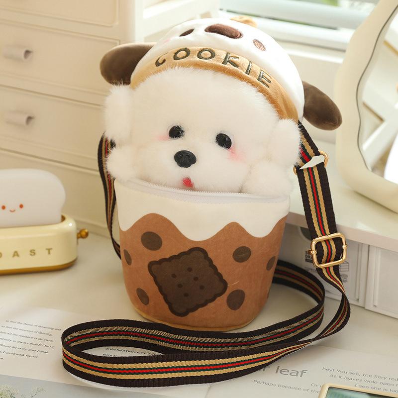 Milk Tea Cup Cute Dog Doll Crossbody Shoulder Bag Doll Creative Simulation Plush Toy Girl Best Friend Gift