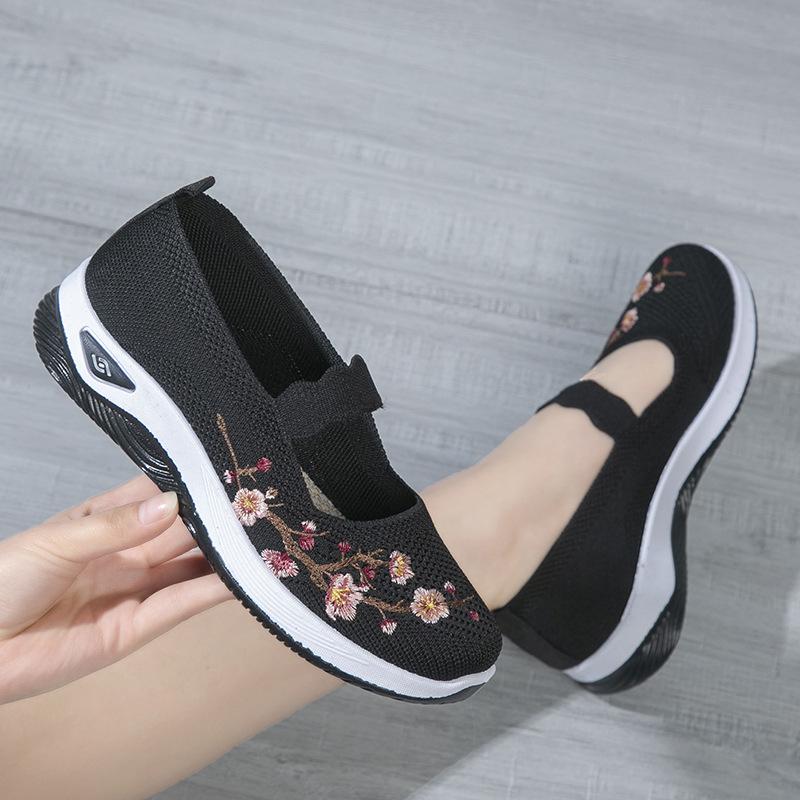 New Embroidered Women's Walking Shoes Mesh Breathable Non-slip Women's Casual Shoes