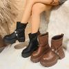 Fashion Platform Chunky Boots Women High Heels New 2025 Autumn Mid Calf Leather Sneakers Trend Winter Brown Motorcycle Boots Zapatos