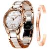 OLEVS Women's Popular Wristwatch, Waterproof, Ceramic, Pink Gold, Mechanical, Date, White, Bracelet, Gift for Women