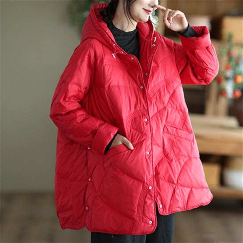 Winter Loose Hooded Medium and Long Down Jacket, Thin and Versatile Warm Single-breasted White Duck Down Women's Jacket
