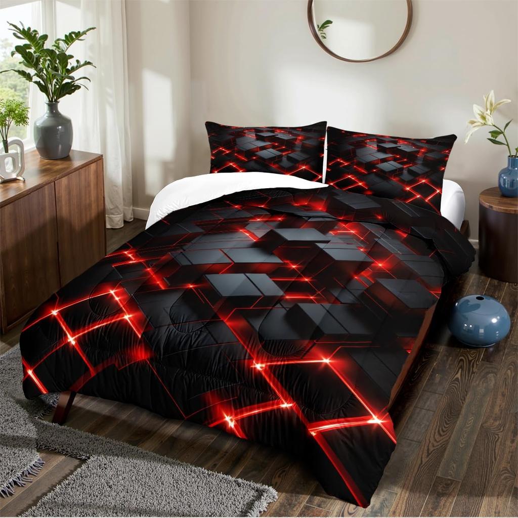 Red Black Geometric Queen Size 3D Stereoscopic Square Bedding Set Glowing Neon Geometry Bedding Sets Soft Microfiber