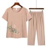 Middle-aged and Elderly Summer Printed Cotton and Linen Suit Casual Plus Size Mother Western Style Women's Loose Pajamas Two-piece Suit