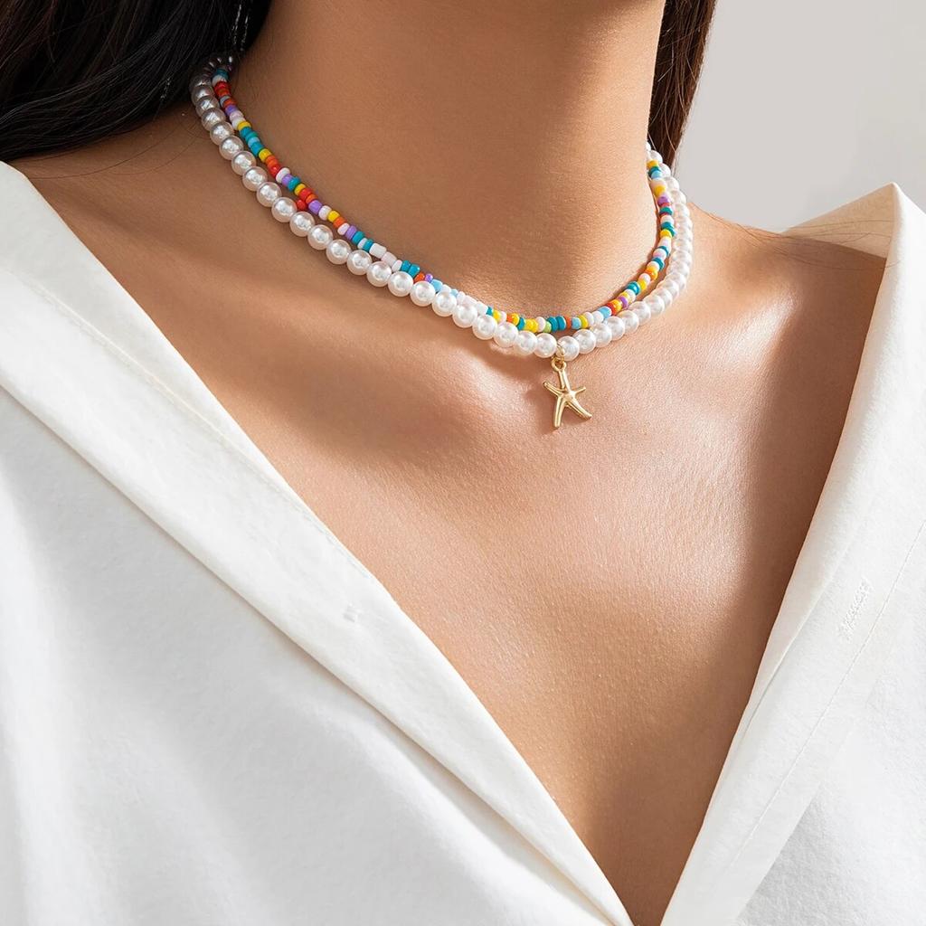 Ingemark Boho красочные бусины с имитацией жемчуга, цепочка, ожерелье, женское винтажное колье с подвеской в виде морской звезды, Y2K, ювелирные аксессуары