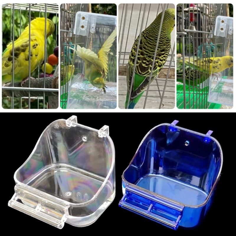 Transparent Bird Food Tray Bath Box Parakeet Caged Bird Bathing Tub with Standing Perch for Small Birds Canary Budgies Parrots