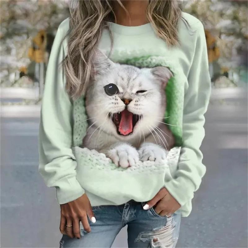 2023 Autumn New Women Round Neck Long Sleeve Fashion Casual Home High Quality Fabric Cute Cat Print Long Sleeve
