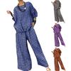 2 Pcs/Set Women Spring Top Pants Set Plaid Print Three-quarter Sleeves Round Neck Split Back T-shirt